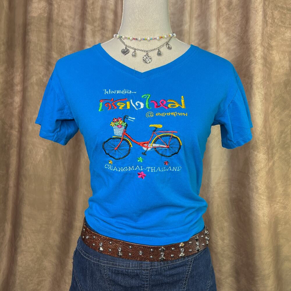 Y2K Thailand Bicycle Baby Tee Chaing Mai Embroidered Blue Floral Travel Souvenir